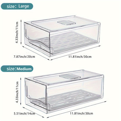 Stackable Fridge Organizer Bins with Drawer, Refrigerator Storage Containers with Drain Board & Ventilation