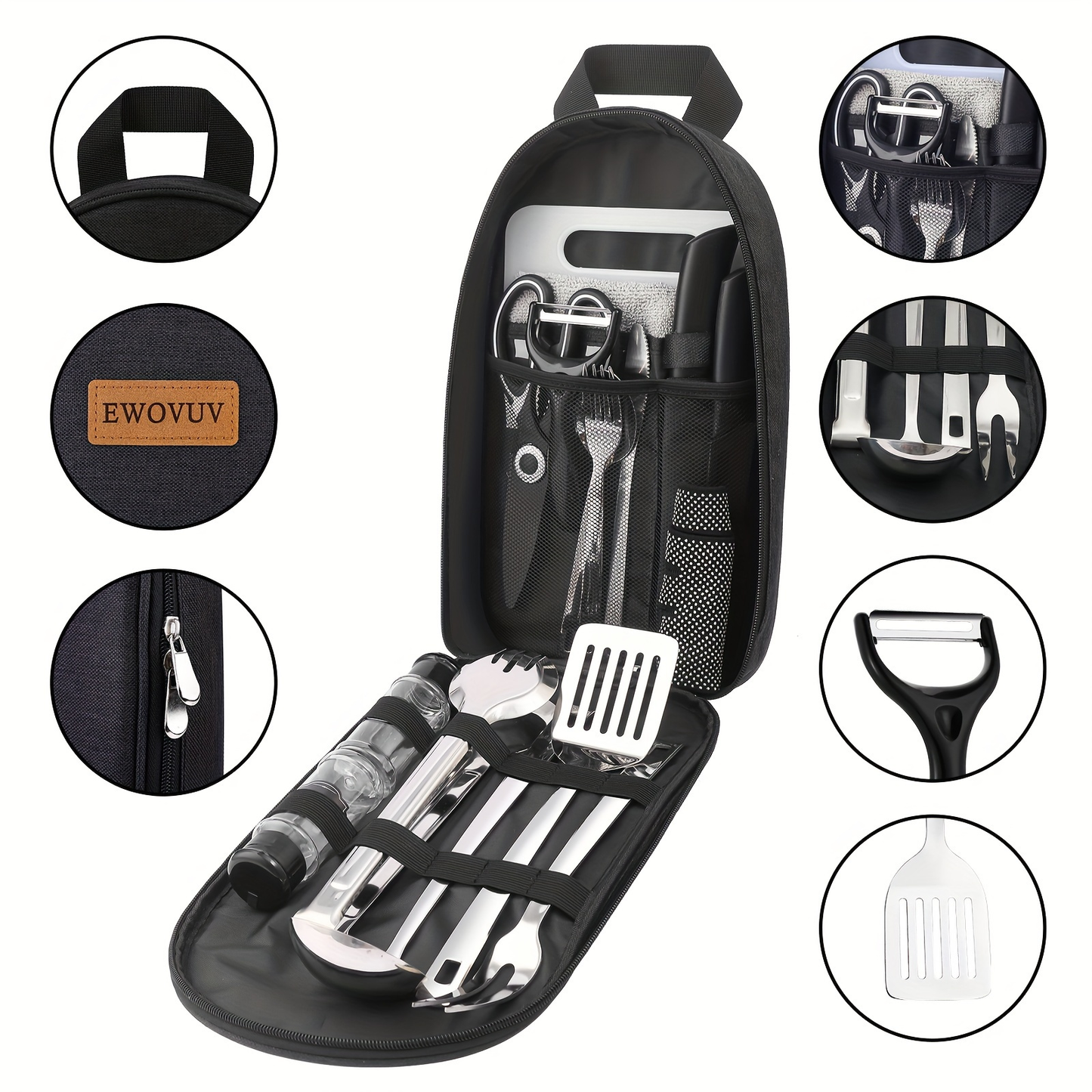 Portable Camp Kitchen Cooking Utensil Set with Water-Resistant Travel Organizer Case – Compact Grill Accessories Kit for Backpacking, BBQ