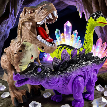 Interactive Dinosaur Toy Set 3 Pack with Walking, Roaring Sound & Lights, Electric T-Rex, Stegosaurus & Brachiosaurus
