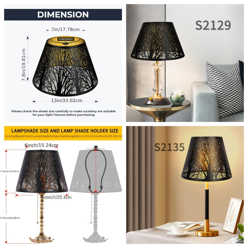 Metal Lampshade Etched Forest & Leaf Design | Black Exterior Gold Interior | Barrel Lamp Shade for Table Lamp & Floor Lamp |