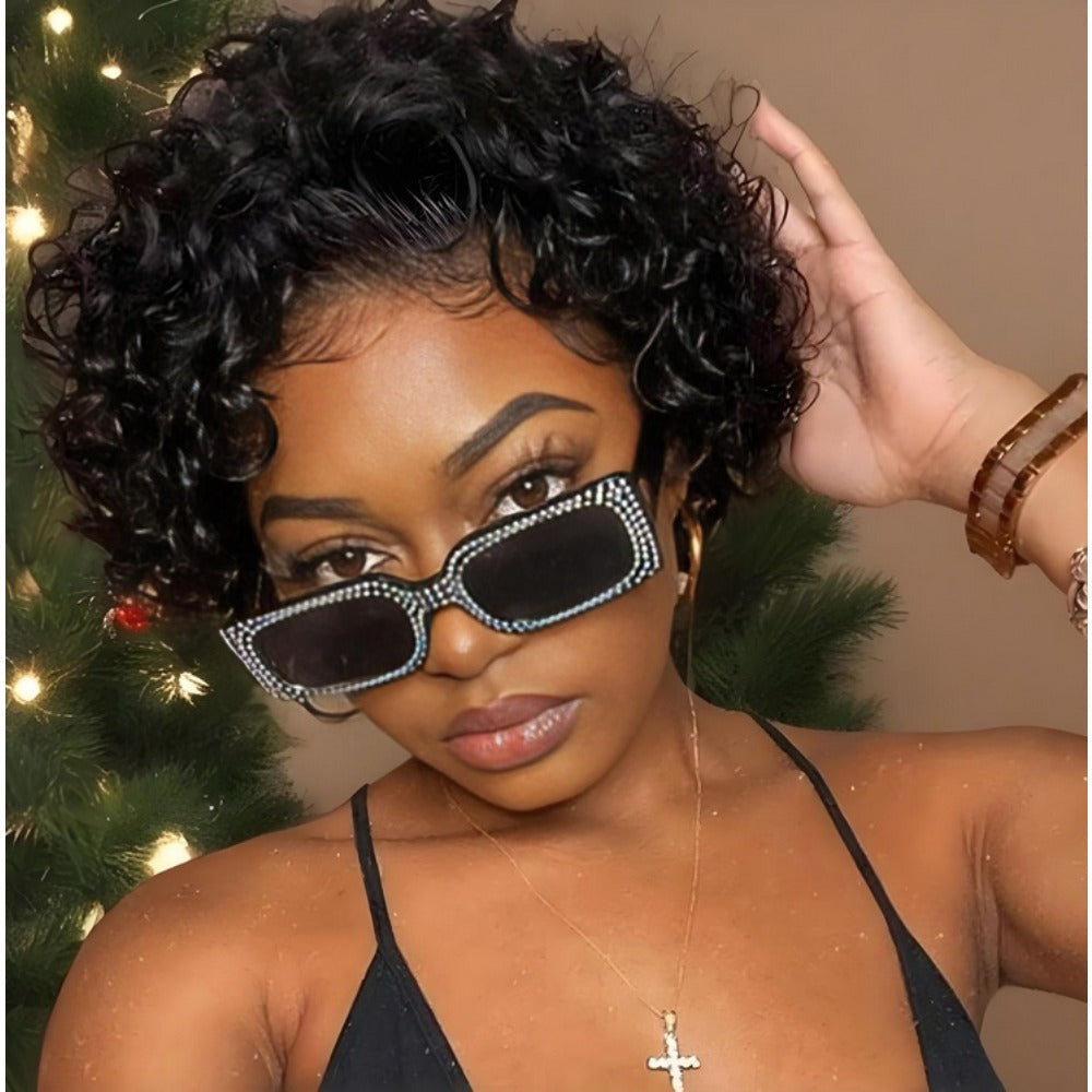 Synthetic Wig 6-Inch Short Small-Curl Afro in Black with Glueless Rose Net Cap for Events and Cosplay