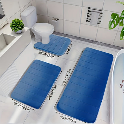 Channel-Stitched Three-Piece Padded Bath Mat Set with Long Runner and Two Matching Rugs in Nine Solid Colors