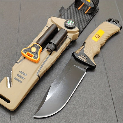 Fixed Blade Outdoor Camping Knife 9.64 Inch Stainless Steel, Survival Hunting Knife with Flint Fire Starter Night Light Sharpener Safety