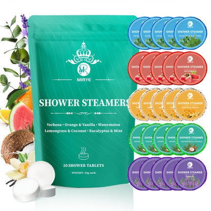 Twenty Assorted Shower Steamer Tablets with Six Fragrance Labels in a Teal Resealable Gift Bag