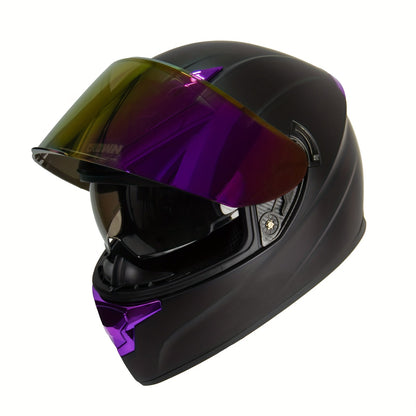 Motorcycle Helmet TCMT Purple Full-Face Shell with Iridescent Shield, M-XL Sizes, Rear Venting and Padded Interior