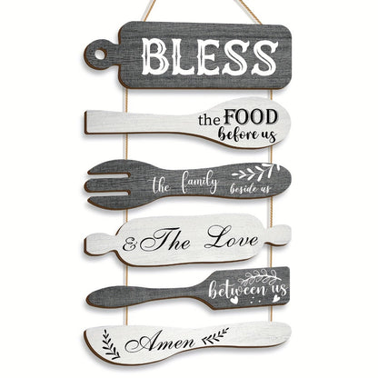 Farmhouse Wall Decor Wood Sign Set – "Bless The Food Before Us" Rustic Kitchen Dining Room Hanging Plaque