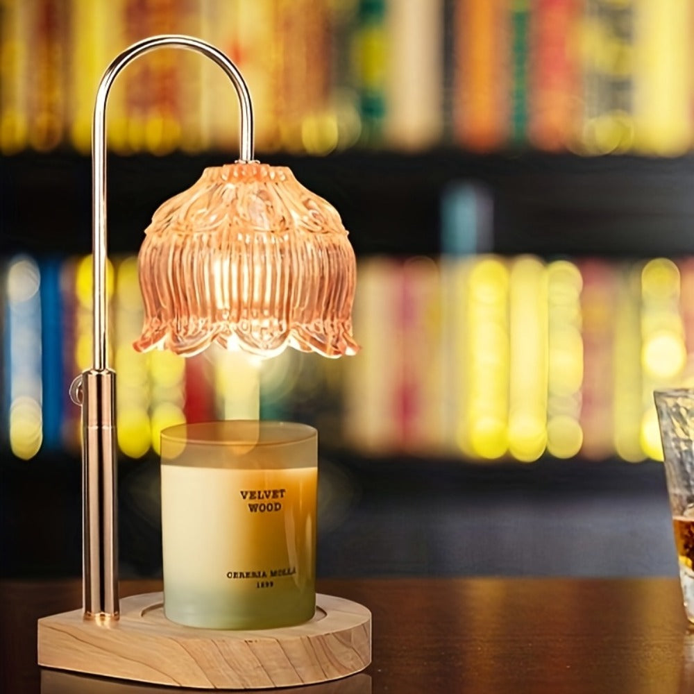 Lily-Glass Candle Warmer Lamp with Silver-Tone Post, Wood-Look Base, Three Brightness Levels and 2/4/8-Hour Timer