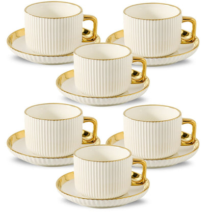 Ceramic Cappuccino Cups with Saucers Set of 6 – 8oz Coffee Mugs with Golden Trim, Latte Art Cups for Espresso Mocha