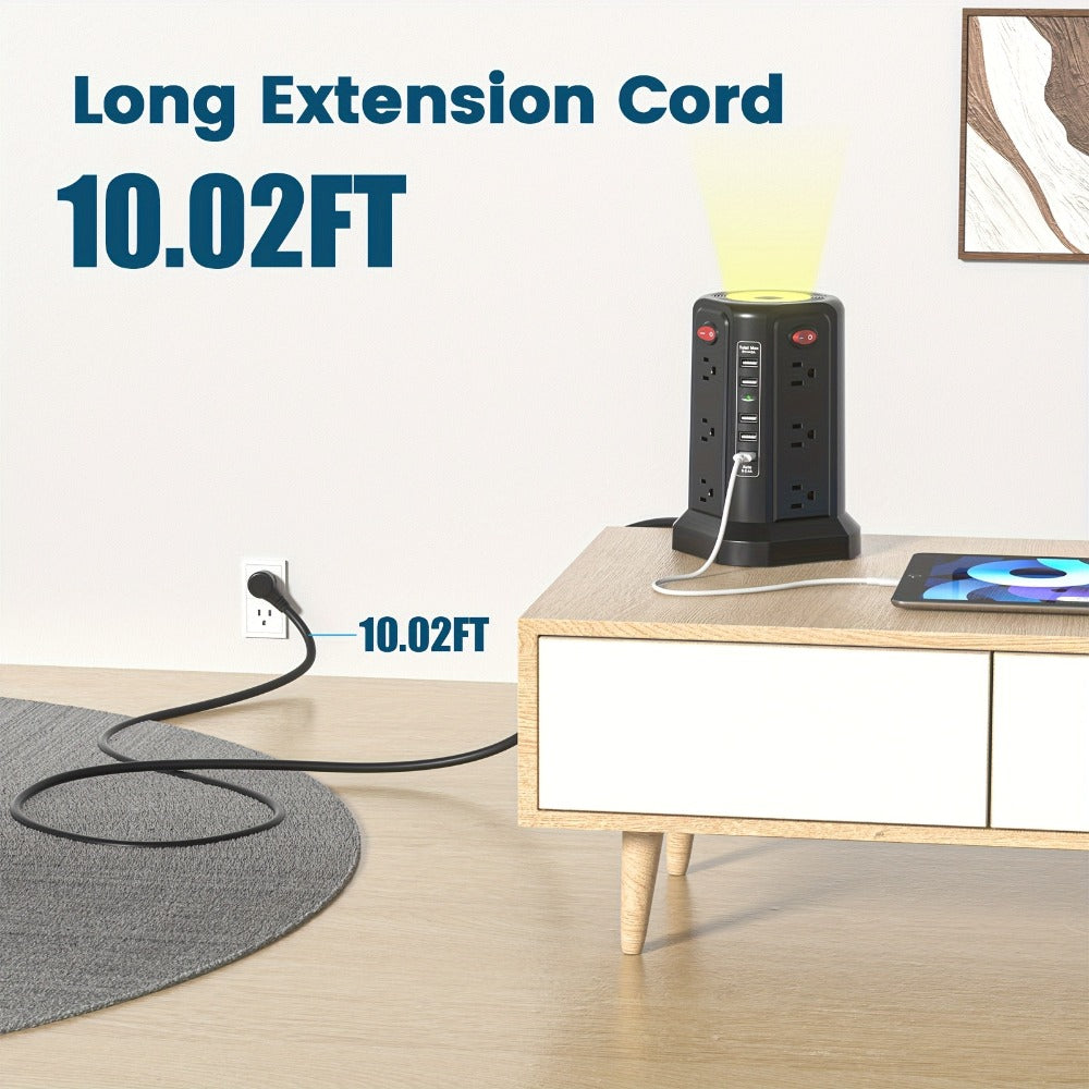 Night Light Power Tower Surge Protector 17-in-1, 12 AC Outlets & 5 USB Ports, 10.2ft Extension Cord