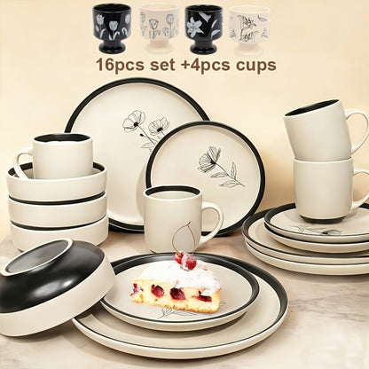 Dinnerware Set Options for Four with Round Plates, Bowls and Cups in Black, Red, Blue, Green or Floral Designs