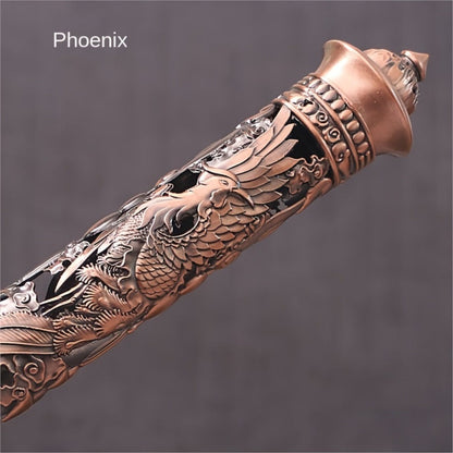 Incense Stick Holder Metal Retro Vertical Design, Dragon & Phoenix Heart Sutra Motif Brass Incense Burner Stand