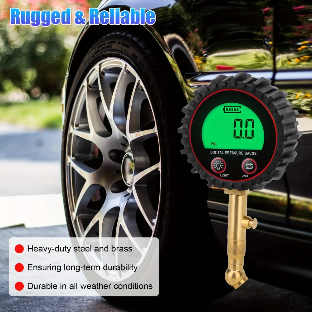 Digital Tire Pressure Gauge LCD 3-255 PSI – 4-Unit Display (PSI/Bar/KPa/kg㎡), Green Backlight, 360° Chuck, Auto Shut-Off for Cars, Trucks