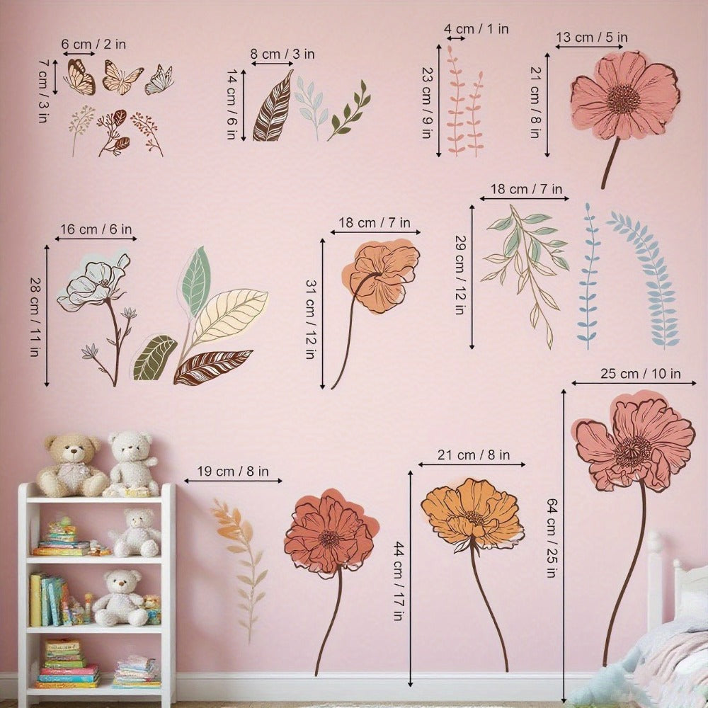Bohemian Floral Wall Decals Self-Adhesive Wildflower Stickers for Living Room Bedroom TV Wall Art Decor