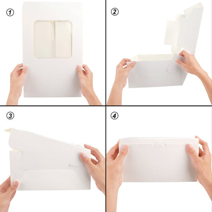 Ten White Cake Box Sets with Clear Windows, Red Ribbon, Round Boards and 10 x 10 x 5-Inch Size