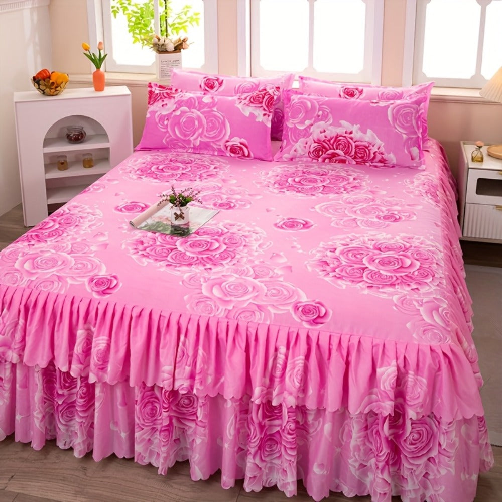 Floral Bed Skirt Set 3-Piece, 1 Ruffled Dust Ruffle Bed Skirt + 2 Pillowcases, Peony & Botanical Print
