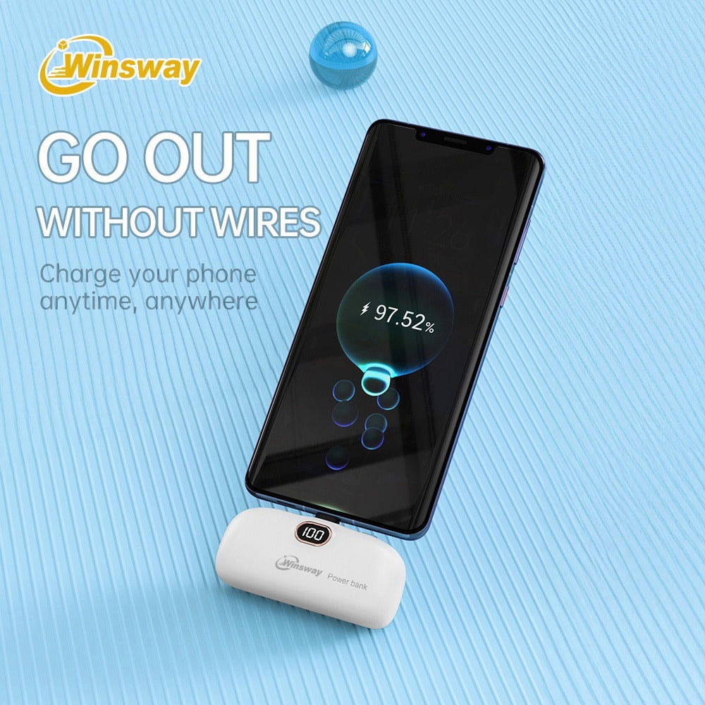 Power Bank 5000mAh Mini USB-C Plug-In Style with Digital Display in Pink or White for Travel