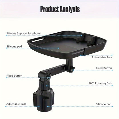 3-in-1 Car Cup Holder Tray with Phone Holder – Dual Expandable Base, ABS Adjustable 360° Rotating Bracket