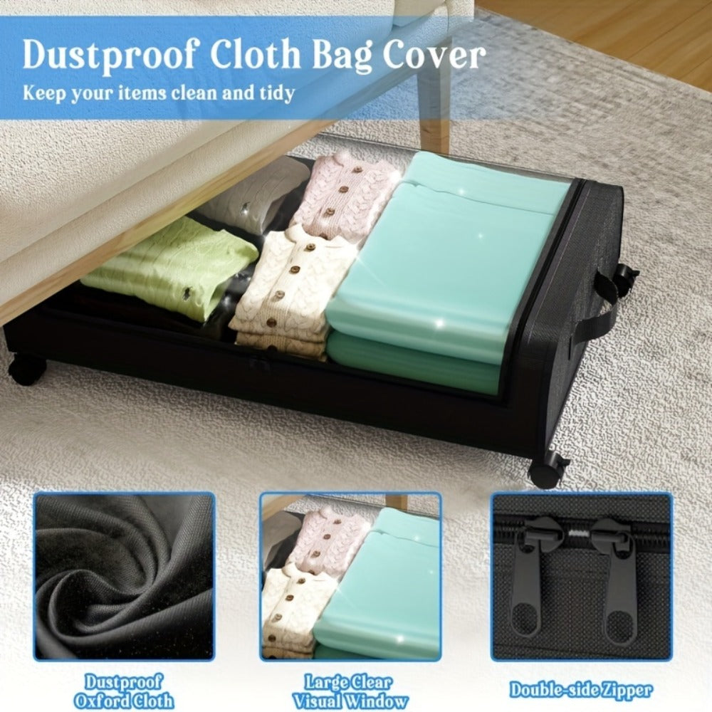 Under Bed Storage Organizer with Wheels & Lid – Metal Rolling Bins for Clothes Bedding Shoes Blankets Books (2pcs)