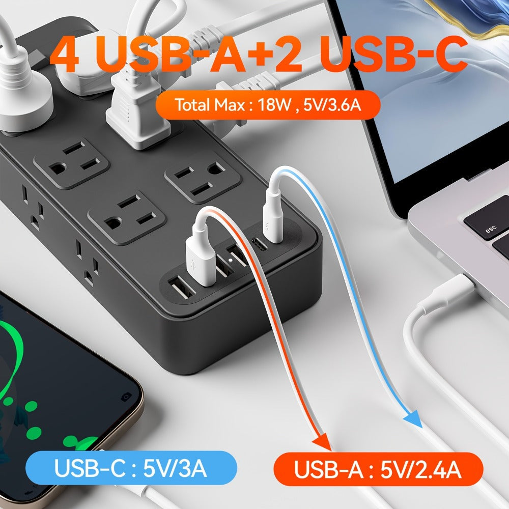 Power Strip 18-in-1 with 12 AC Outlets, 6 USB Ports, Master Switch and 5- or 10-Foot Cord Options