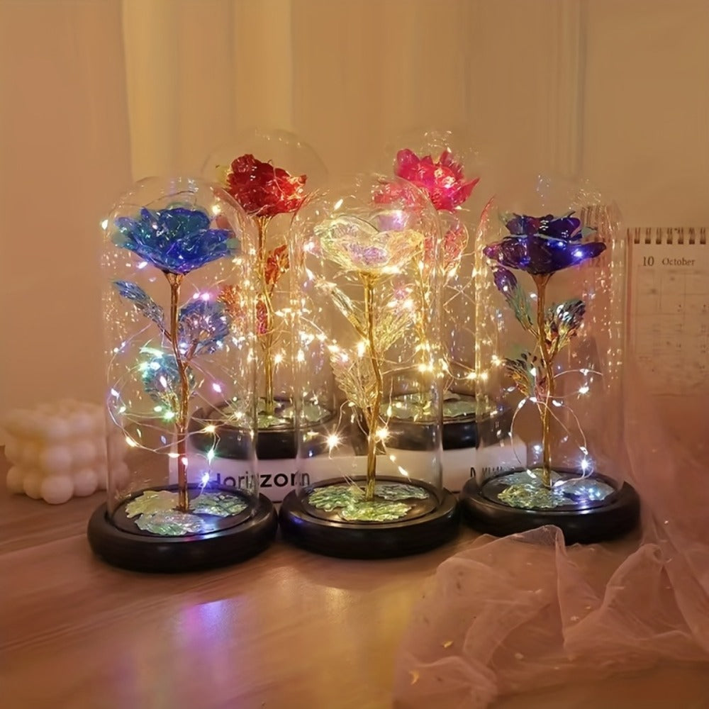 LED Rose Flower in Glass Dome, Eternal Foil Rose with LED Light, Romantic Valentine's Day Gift for Girlfriend