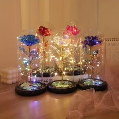 LED Rose Flower in Glass Dome, Eternal Foil Rose with LED Light, Romantic Valentine's Day Gift for Girlfriend