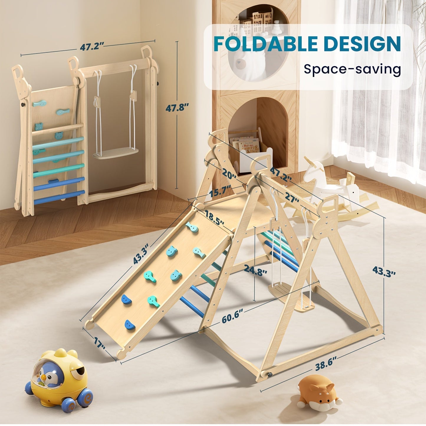 Foldable Indoor Wooden Jungle Gym for Toddlers, 4-in-1 Climbing Frame with Swing, Slide & Ladder