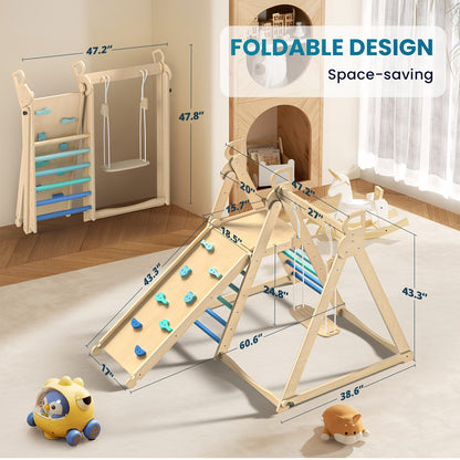 Foldable Indoor Wooden Jungle Gym for Toddlers, 4-in-1 Climbing Frame with Swing, Slide & Ladder