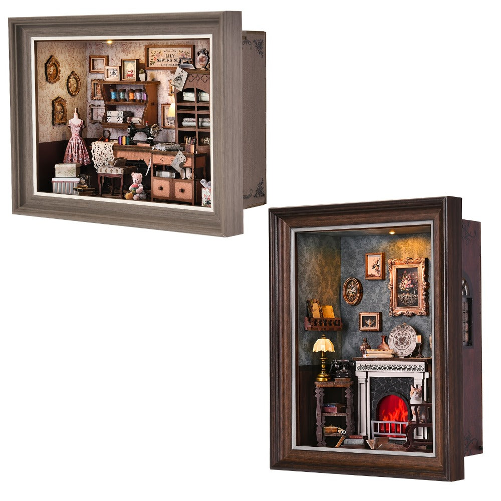 Seam House Book Nook Kit with Framed Sewing-Room Scene and Standard, Fireplace or Dwarf Style Options