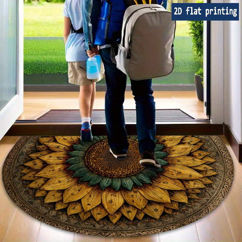 Sunflower Mandala Door Mat with Half-Round Shape, Flat Printed Surface and Three Entryway Sizes
