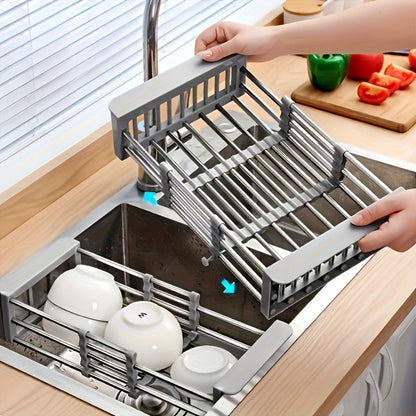 Dish Drying Rack Stainless Steel Adjustable, Expandable Over Sink Dish Rack with Retractable Width & Height for Kitchen Countertop