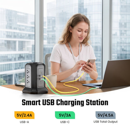 Surge- Power Tower 13-in-1 with Wireless Charger, 9 AC Outlets & 4 USB Ports (2 USB-C PD18W), 1080J Surge Protector