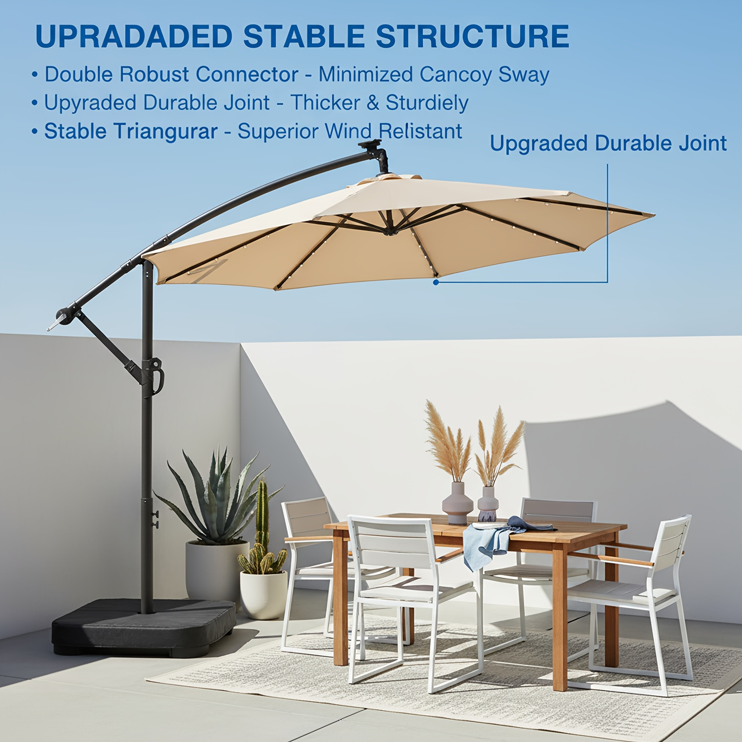 Patio Umbrella 10FT Offset Cantilever Solar LED Style with Tilt, Crank and 16 Base-Choice Color Options