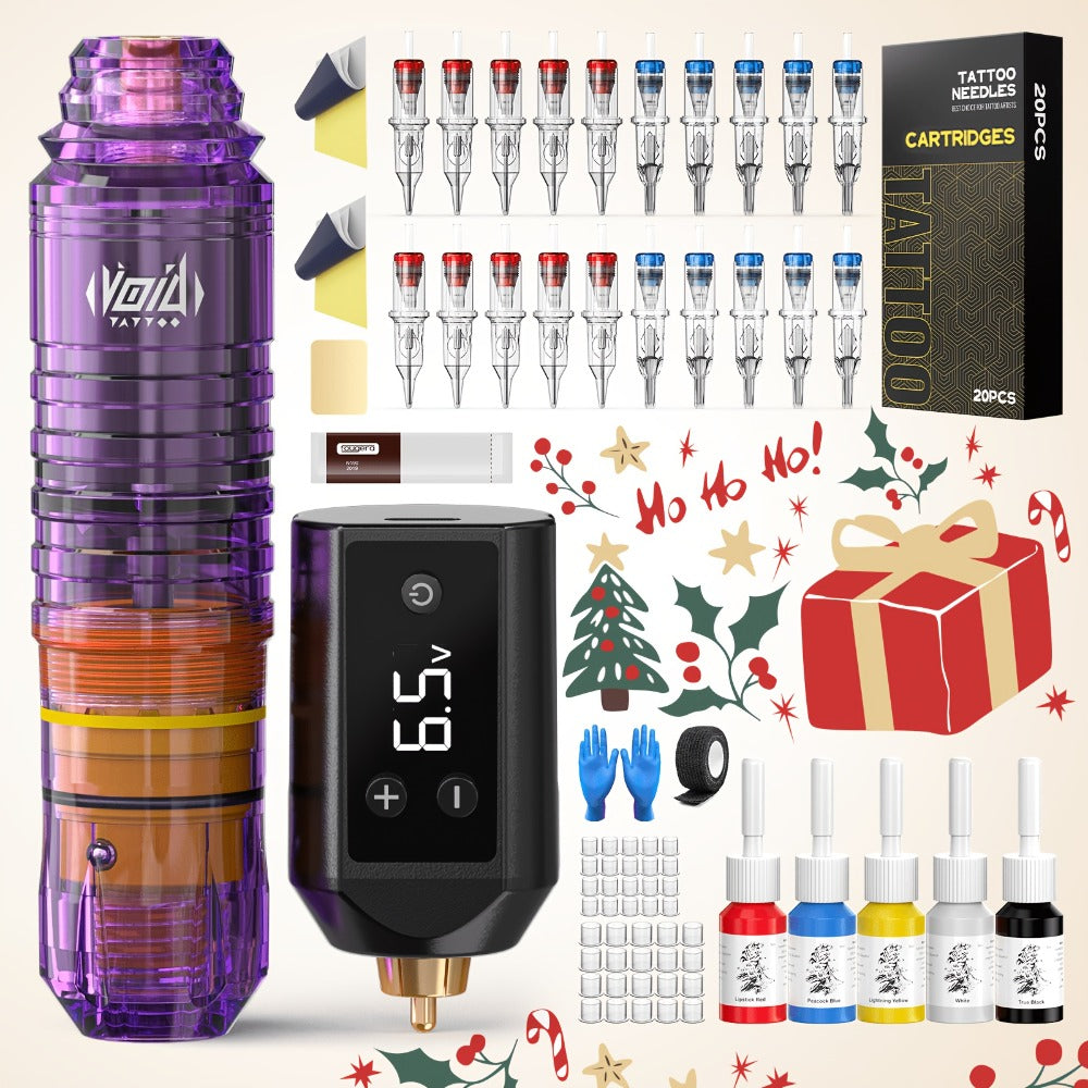Tattoo Machine Kit VOID WTK421 or WTK422 Cordless Rotary Pen with USB-C, 20 Cartridges, 5 Inks and Practice Supplies