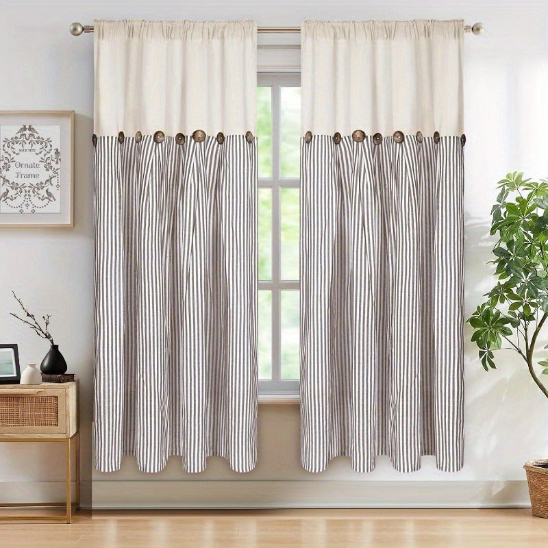 Striped Patchwork Window Curtain Set with Rod-Pocket Top, Six Colors and Five Panel-Count or Size Options