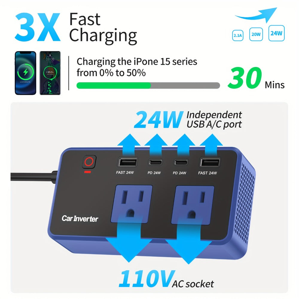 200W Car Power Inverter DC 12V to 110V AC Outlet + USB-C & USB-A 4.8A 24W, Car Plug Adapter Converter for Laptop Camping Travel Road Trip