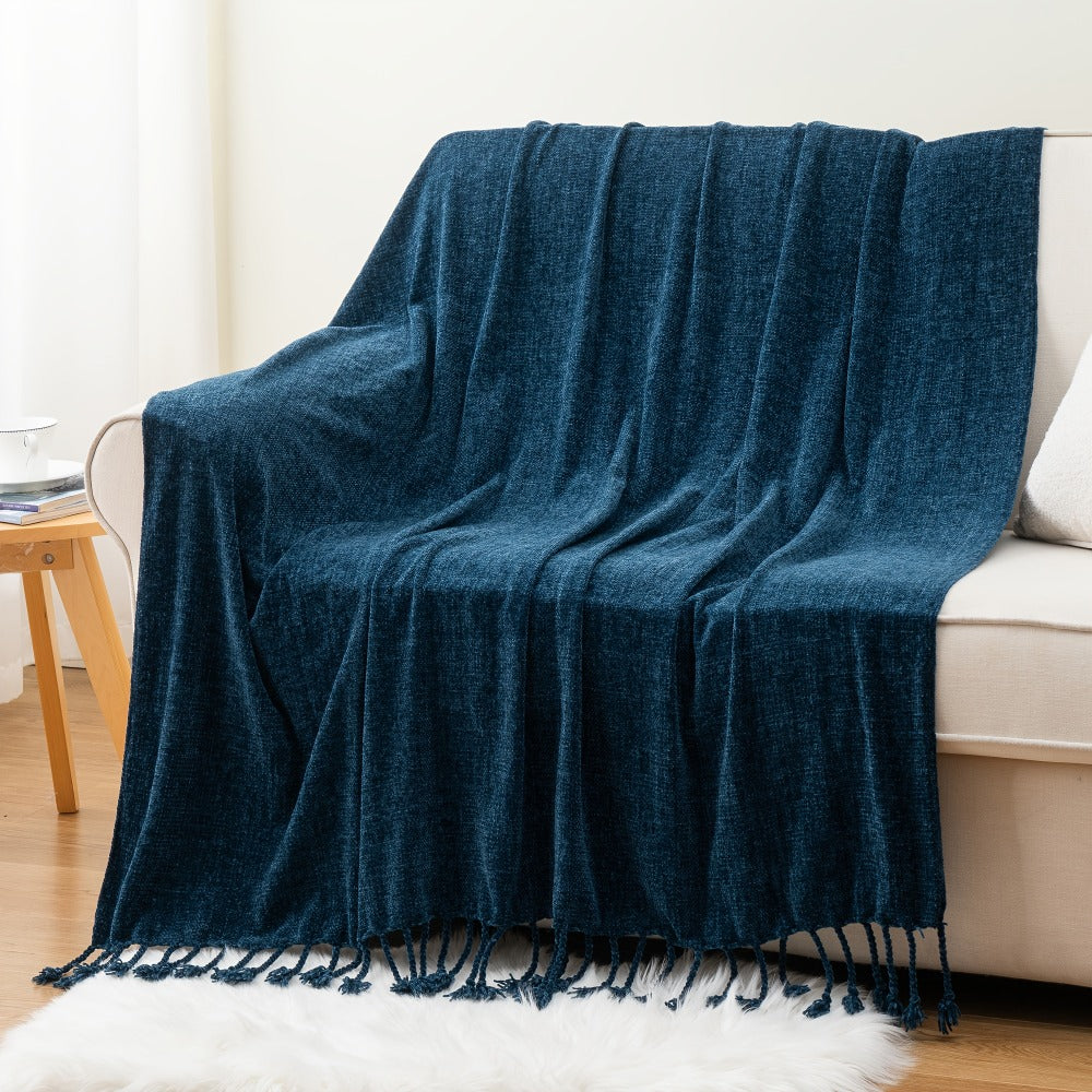 Chenille Fringe Throw Blanket, 180-200gsm Velvety Decorative Throw for Sofa & Couch, Home Decor, 50”×60”