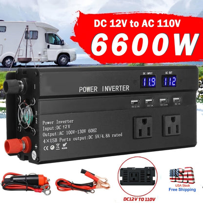 Portable 12V DC to 110V AC Power Inverter with LCD Display, Cooling Fan and 6600W Checkout Label