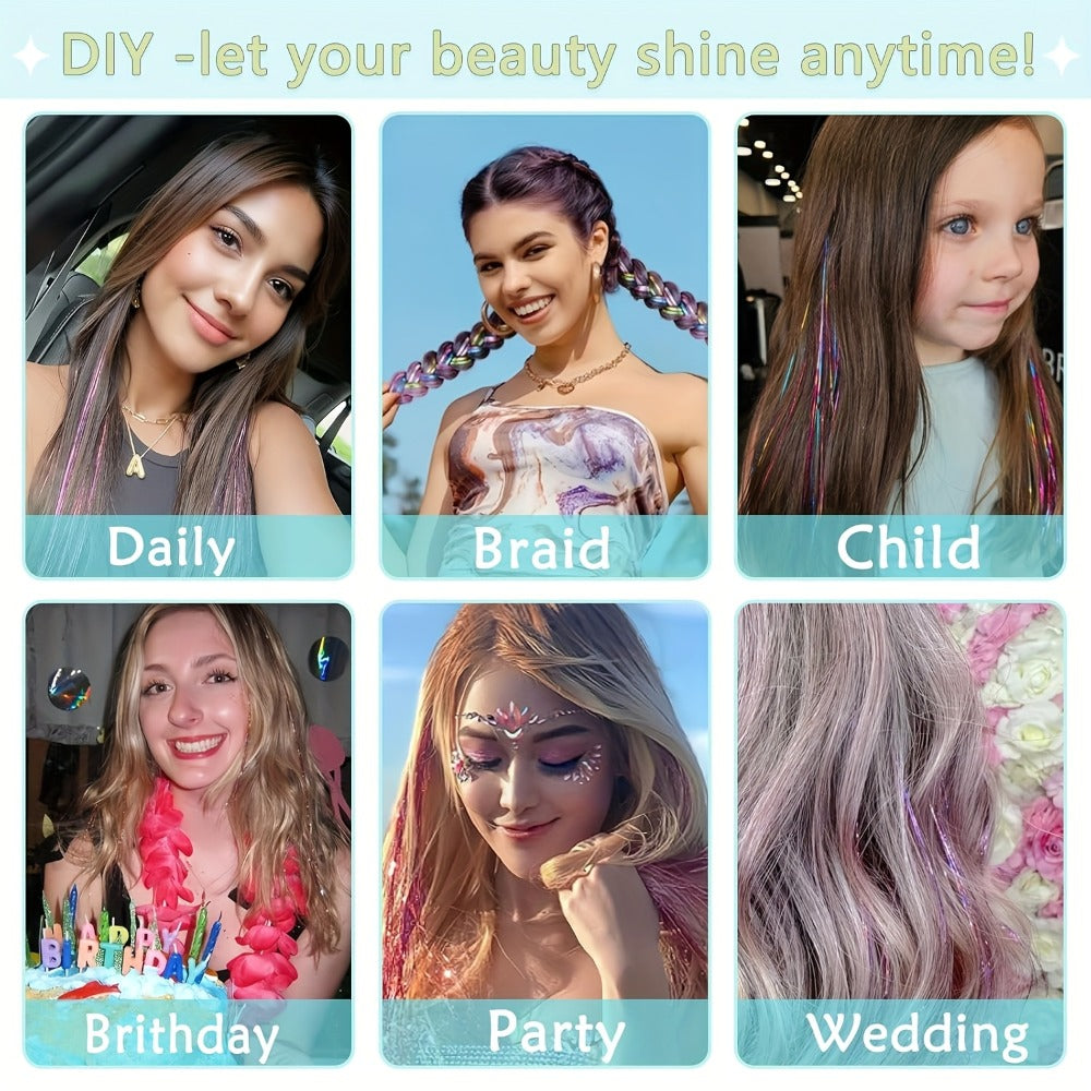 Hair Tinsel Extensions Kit 7700 Strands 18 Glitter Colors 48 Inch – Fairy Hair Tinsel with Micro Beads & Loop Tool for Women Girls Party