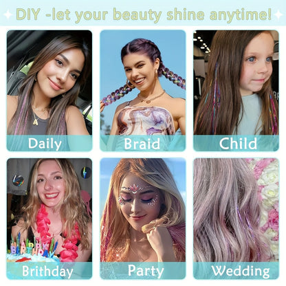 Hair Tinsel Extensions Kit 7700 Strands 18 Glitter Colors 48 Inch – Fairy Hair Tinsel with Micro Beads & Loop Tool for Women Girls Party