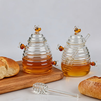 480ml Beehive-Shaped Glass Storage Jar with Honeycomb Accents, Matching Lid and Spiral-Ended Stirrer