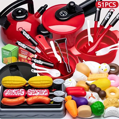 Kids Pretend Play Kitchen Set 51 Pcs, Cookware Tableware & Play Food Toddler Kitchen Toy for Boys & Girls Ages 3+