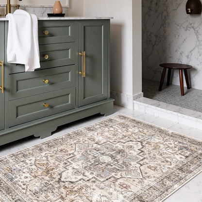 Area Rug Bohemian Retro Design in Beige or Grey with Six Foldable Machine-Washable Room Sizes