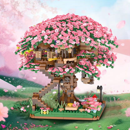 Building Block Set Cherry Blossom Tree House, 1020 or 2028 Micro Pieces with Pink Canopy and Base Display