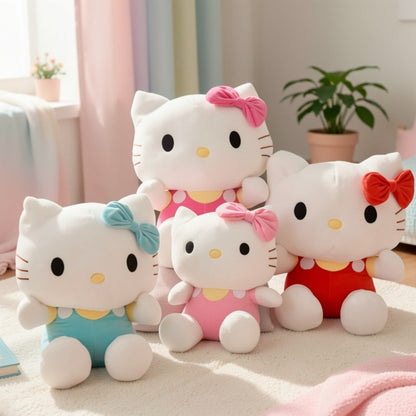 Plush Toy Three-Piece Hello Kitty Character Set with Red, Pink and Blue Bow Styling for Display