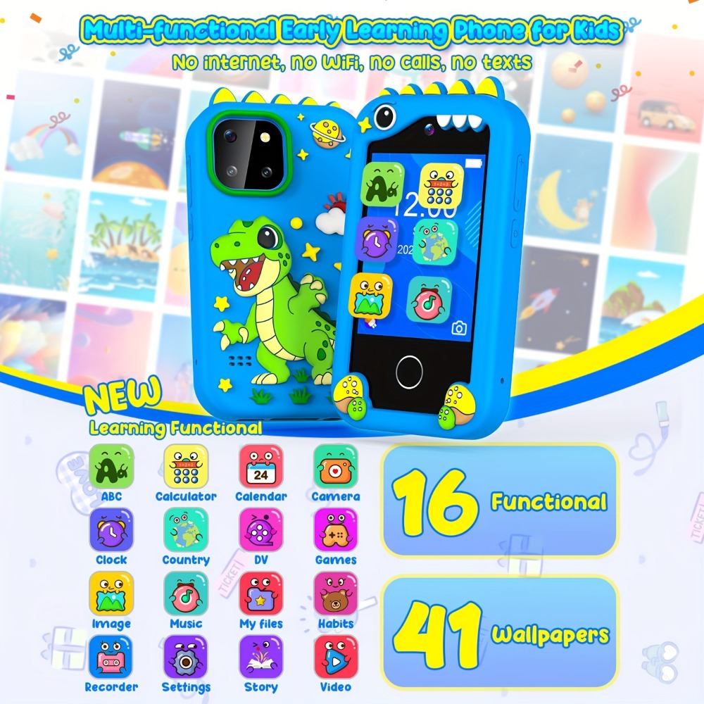 Kids Toy Mobile Phone with Dual Cameras, Touchscreen & MP3 Player, Educational Toy with Games, Alarm Clock & USB Charging