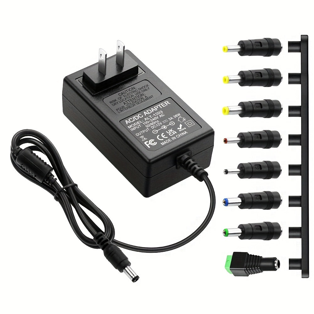 Fixed 12V 3A AC/DC Power Adapter with 36W Label, US Plug and Ten Interchangeable Connector Tips
