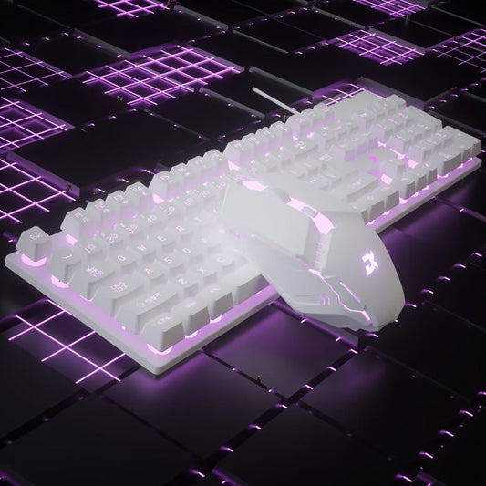 White Wired Keyboard and Mouse Set with Floating Keycaps, Volume Roller and Multiple Backlight Effects