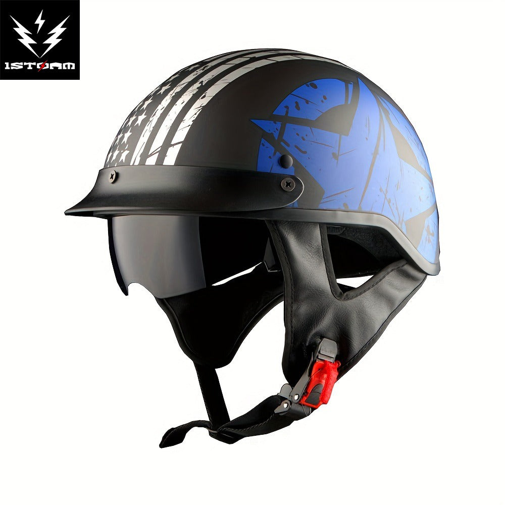 Motorcycle Helmet 1STORM Half-Shell with Retractable Smoked Visor, Five Graphic Styles, S-XL Sizes and Quick-Release Strap