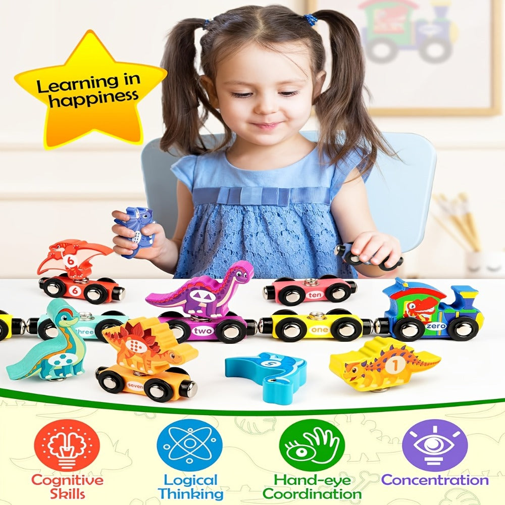 Magnetic Dinosaur Number Train Set for Kids Ages 3-5, 11PCS Wooden Magnetic Train Toy with Engine & Numbered Cars