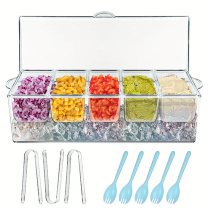Bar Serving Tray on Ice with 5 Compartments & Lid, Garnish Condiment Platter with 5 Forks & 3 Pliers